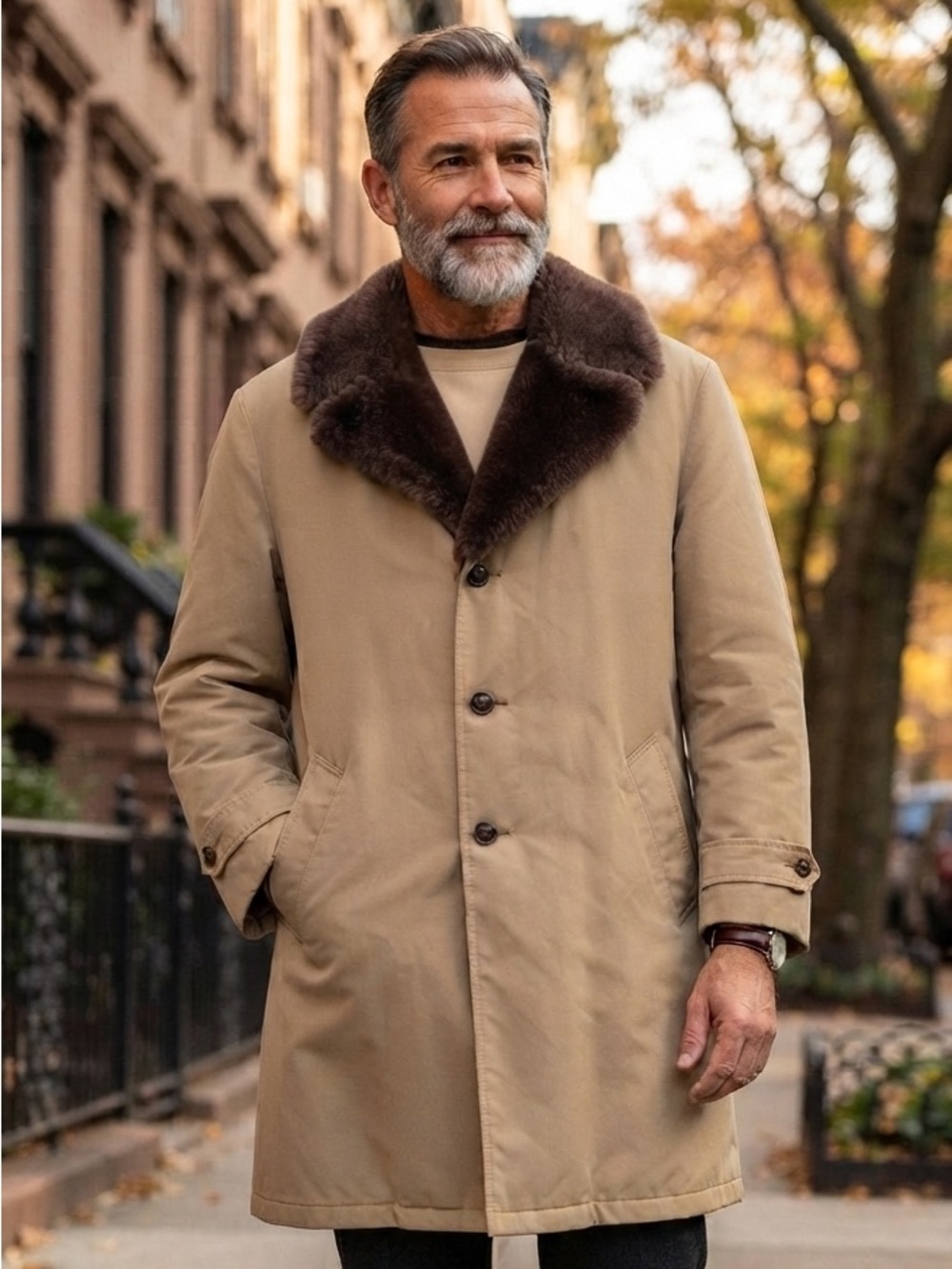 VTG 70s Woolrich Northern Goose Down Mouton Fur Collar Trench Coat Khaki 42